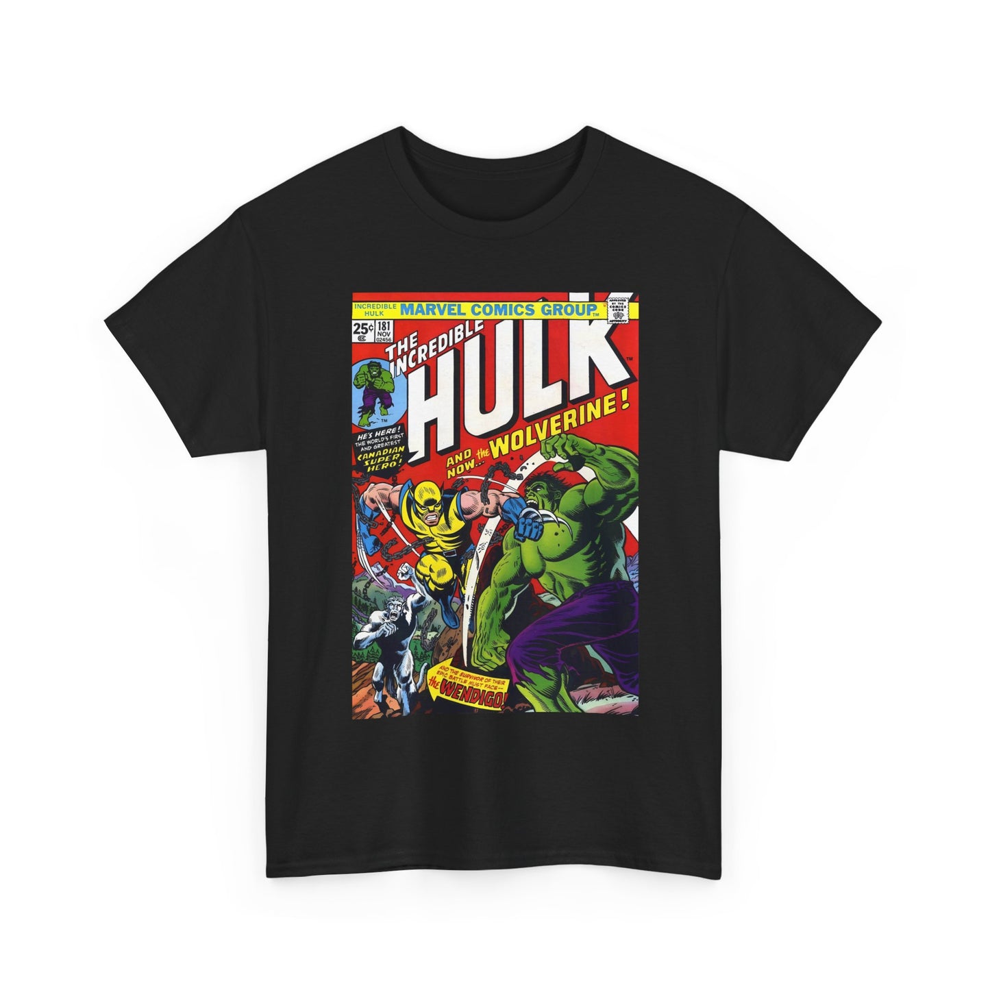 Black t-shirt with 'The Incredible Hulk' comic book cover graphic on a white background