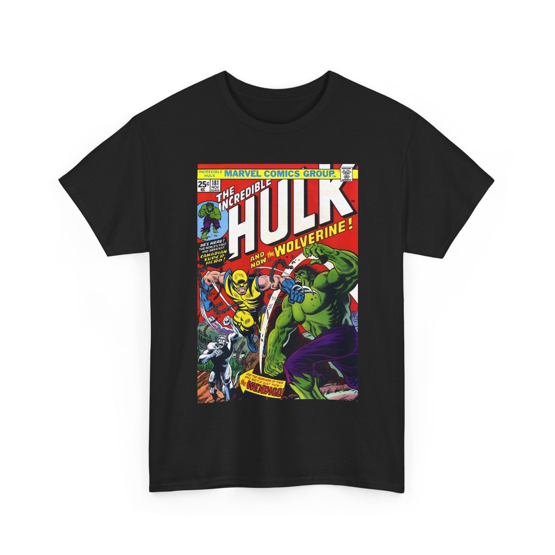 Black t-shirt with 'The Incredible Hulk' comic book cover graphic on a white background