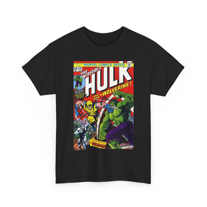 Black t-shirt with 'The Incredible Hulk' comic book cover graphic on a white background