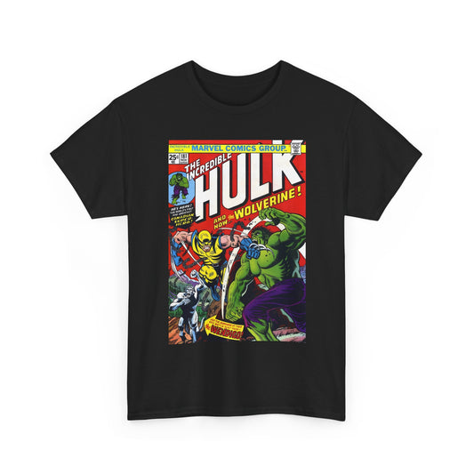 Black t-shirt with 'The Incredible Hulk' comic book cover graphic on a white background