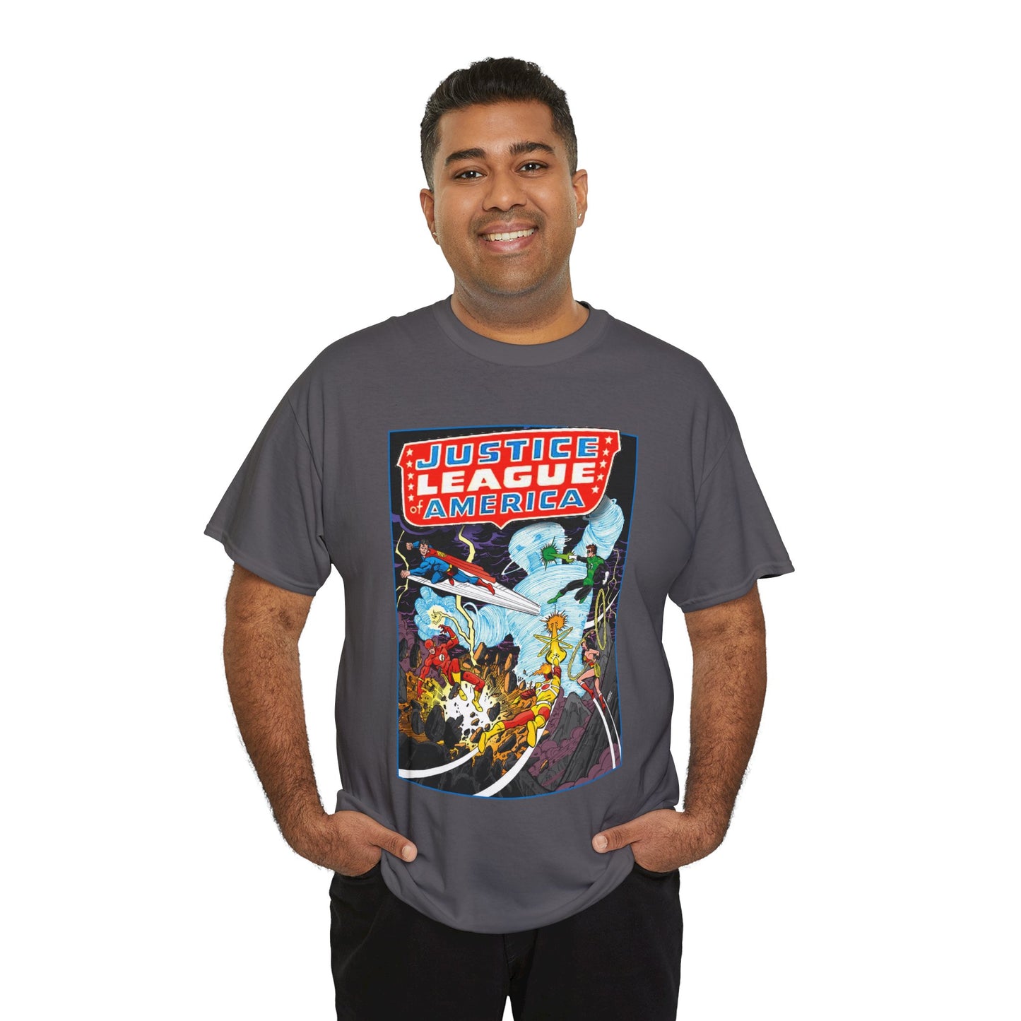 Justice League T-Shirt - George Perez Art - Tornado Tyrant - Superman, Firestorm, Flash, Wonder Woman, Green Lantern - DC Comics