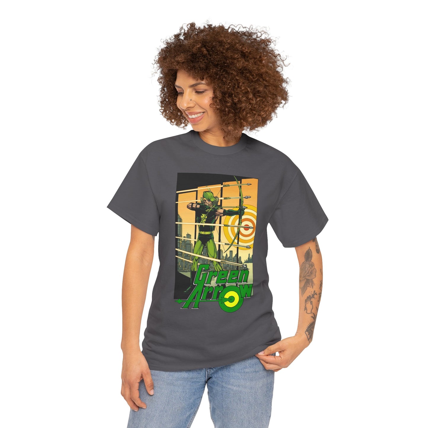 Green Arrow T-Shirt - George Perez Art - 1980s Justice League Postcard Art - JLA - DC Comics