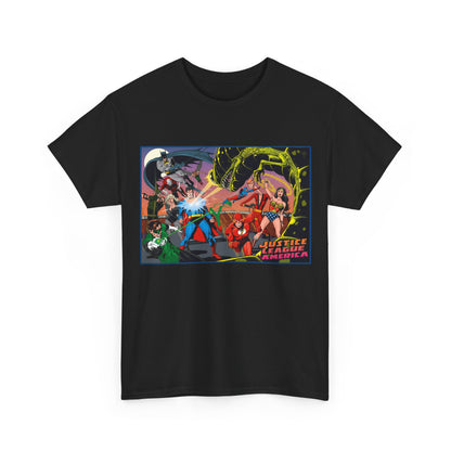 Justice League of America T-Shirt - Brian Bolland Art - Superman, Green Lantern, Wonder Woman, Batman, Flash, Elongated Man, Black Canary, Green Arrow, Atom - DC Comics