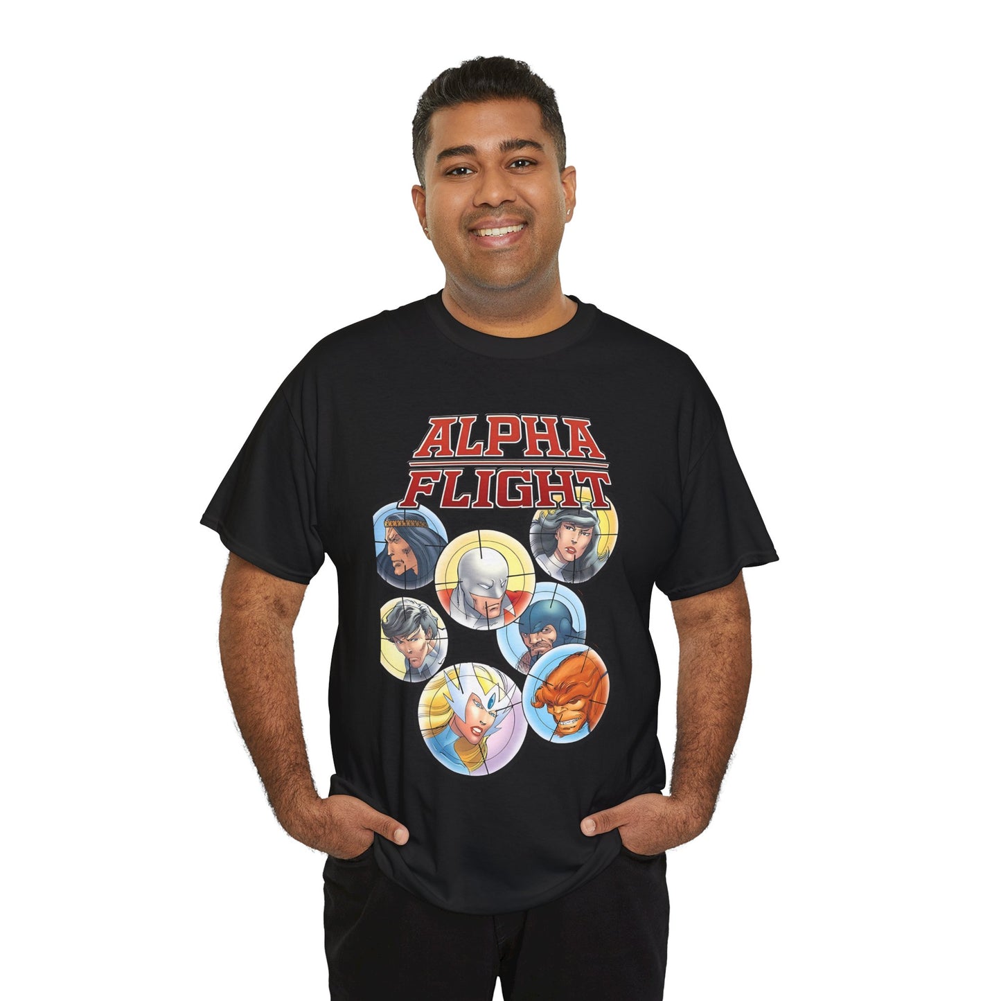 Alpha Flight T-Shirt - John Byrne Art - Guardian, Aurora, Northstar, Sasquatch, Shaman, Puck, Snowbird - Canada's Super Heroes - Marvel Comics