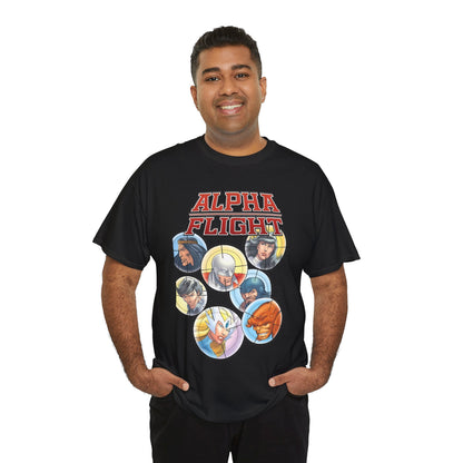 Alpha Flight T-Shirt - John Byrne Art - Guardian, Aurora, Northstar, Sasquatch, Shaman, Puck, Snowbird - Canada's Super Heroes - Marvel Comics