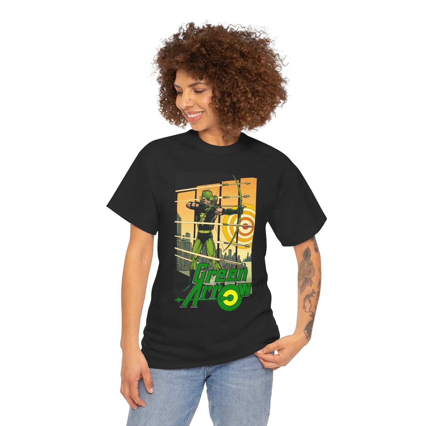 Green Arrow T-Shirt - George Perez Art - 1980s Justice League Postcard Art - JLA - DC Comics