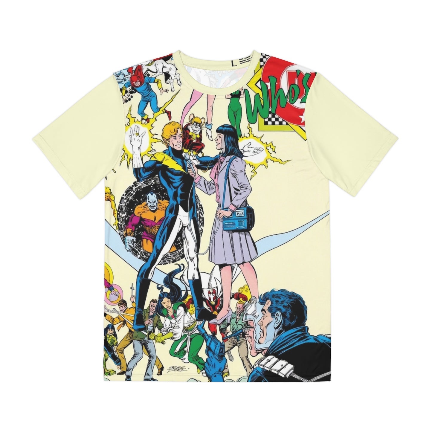 Who's Who in the DC Universe All Over Print Tee (Polyester) - George Perez Art - Lightning Lad, Looker (IMPROVED PLACEMENT AND PRINTING TECHNIQUES)