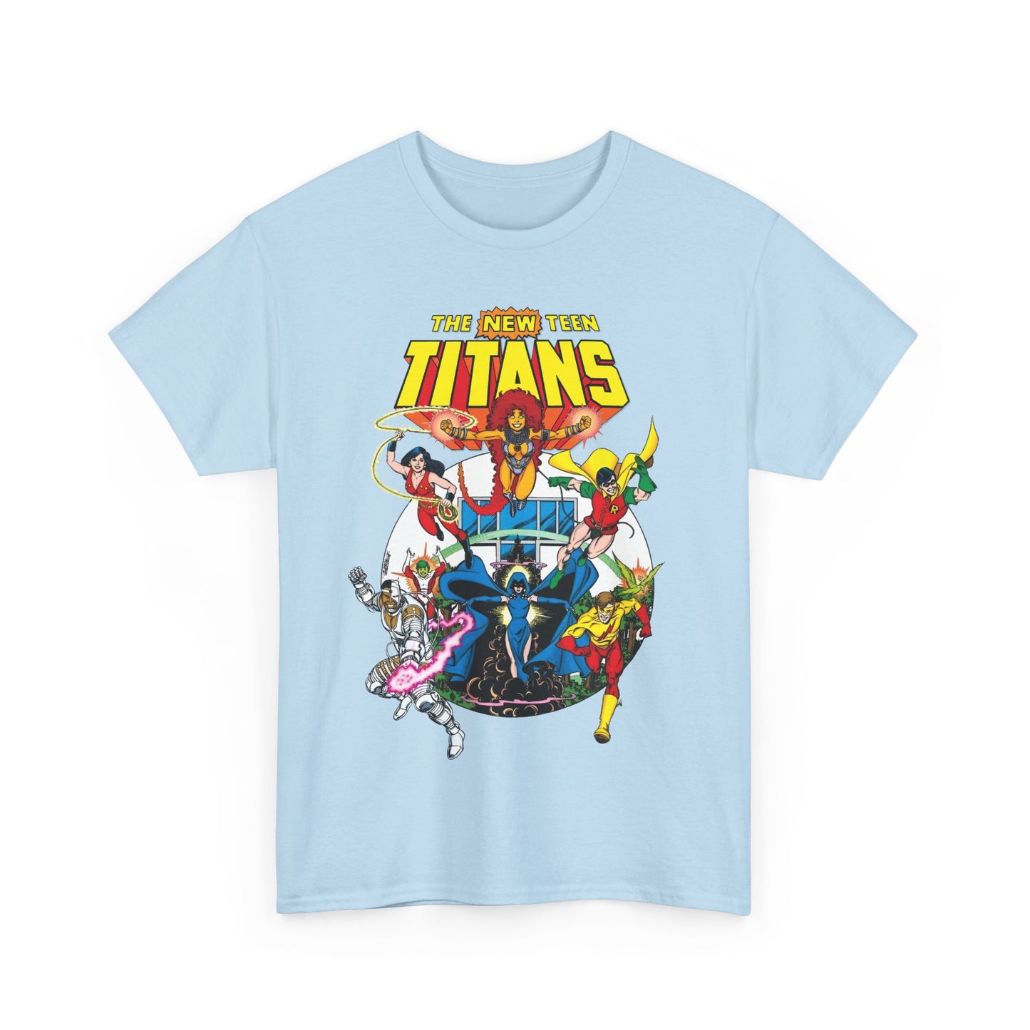 New Teen Titans T-Shirt - Classic George Perez Art - Cyborg, Raven, Starfire, Robin, Wonder Girl, Changeling, Kid Flash - Titans Tower - Popular DC Comics 1980s Series