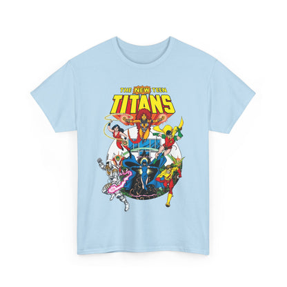 New Teen Titans T-Shirt - Classic George Perez Art - Cyborg, Raven, Starfire, Robin, Wonder Girl, Changeling, Kid Flash - Titans Tower - Popular DC Comics 1980s Series