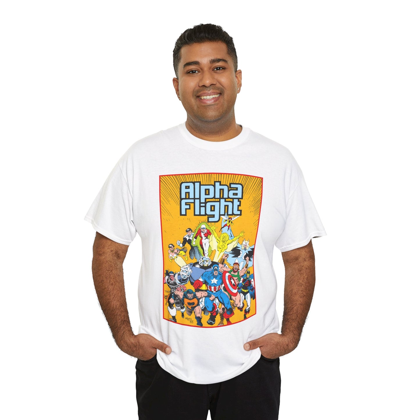 Alpha Flight T-Shirt - Mike Mignola Art - Northstar, Aurora, Snowbird, Shaman, Puck - Avengers: Captain America, Captain Marvel, Hercules, Black Knight - Marvel Comics