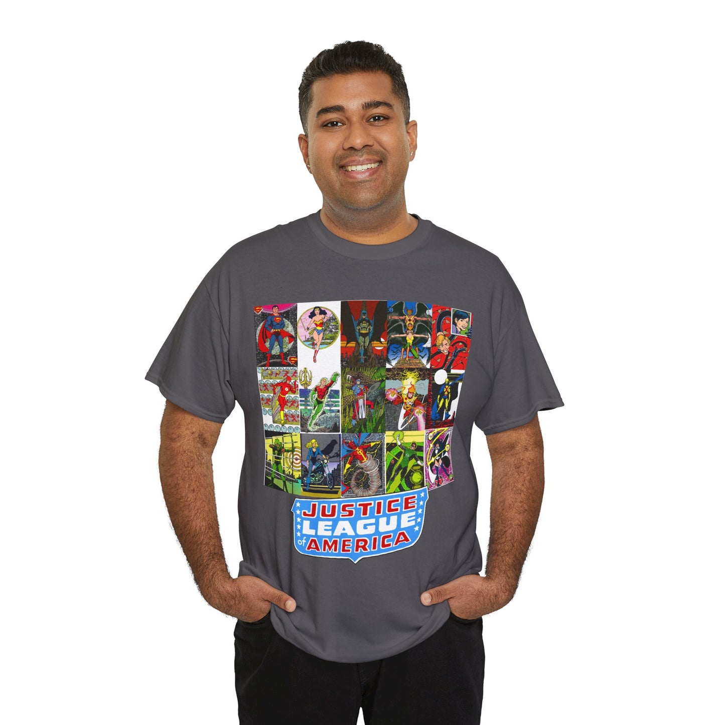 JLA Postcard T-Shirt - George Perez Art - Zatanna, Green Lantern, Flash, Batman, Hawkman, Wonder Woman, Firestorm - Justice League of America - DC Comics