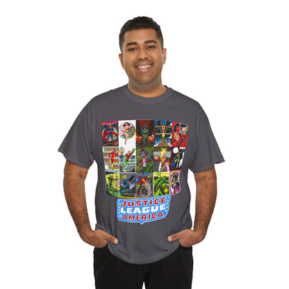 JLA Postcard T-Shirt - George Perez Art - Zatanna, Green Lantern, Flash, Batman, Hawkman, Wonder Woman, Firestorm - Justice League of America - DC Comics