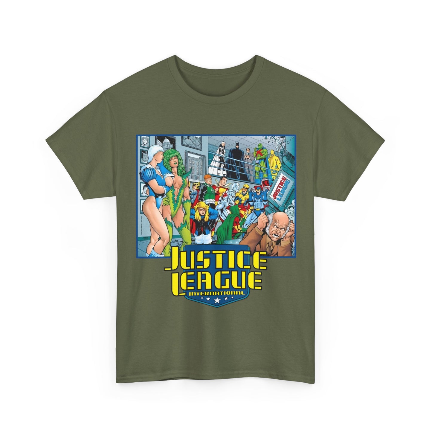 Justice League International T-Shirt - Kevin Maguire Art - Blue Beetle, Booster Gold, Martian Manhunter, Captain Atom, Batman, Fire, Ice - DC Comics - JLI