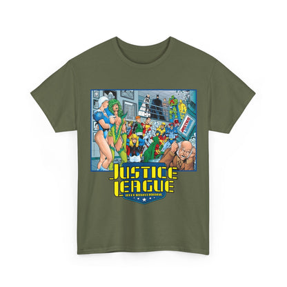 Justice League International T-Shirt - Kevin Maguire Art - Blue Beetle, Booster Gold, Martian Manhunter, Captain Atom, Batman, Fire, Ice - DC Comics - JLI