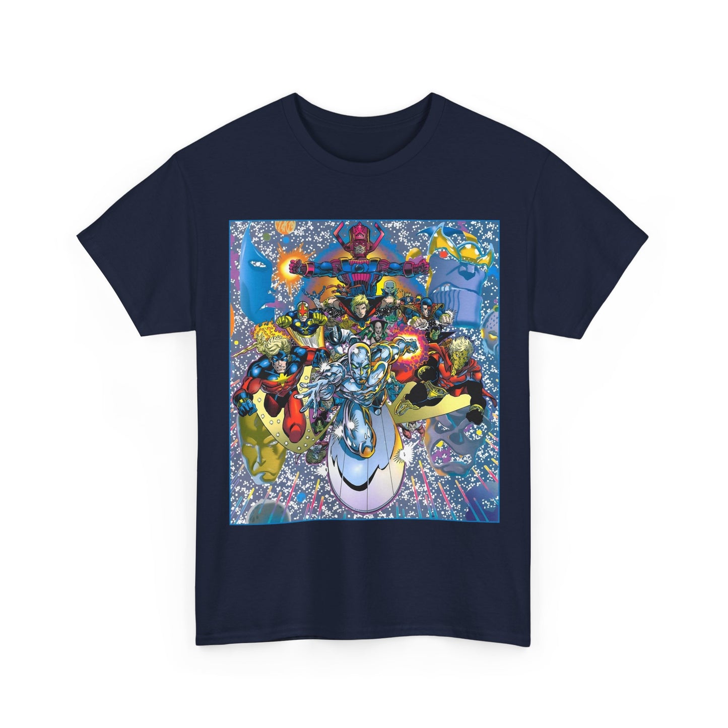 Marvel Cosmic Heroes T-Shirt - Silver Surfer, Captain Marvel, Adam Warlock, Quasar, Nova, Galactus, Jack of Hearts, Moondragon, Thanos