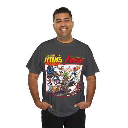 New Teen Titans Vs Avengers T-Shirt - George Perez Art - Hawkeye, Wonder Man, Raven, Starfire, Cyborg, Scarlet Witch, Wonder Girl - DC Comics & Marvel Comics