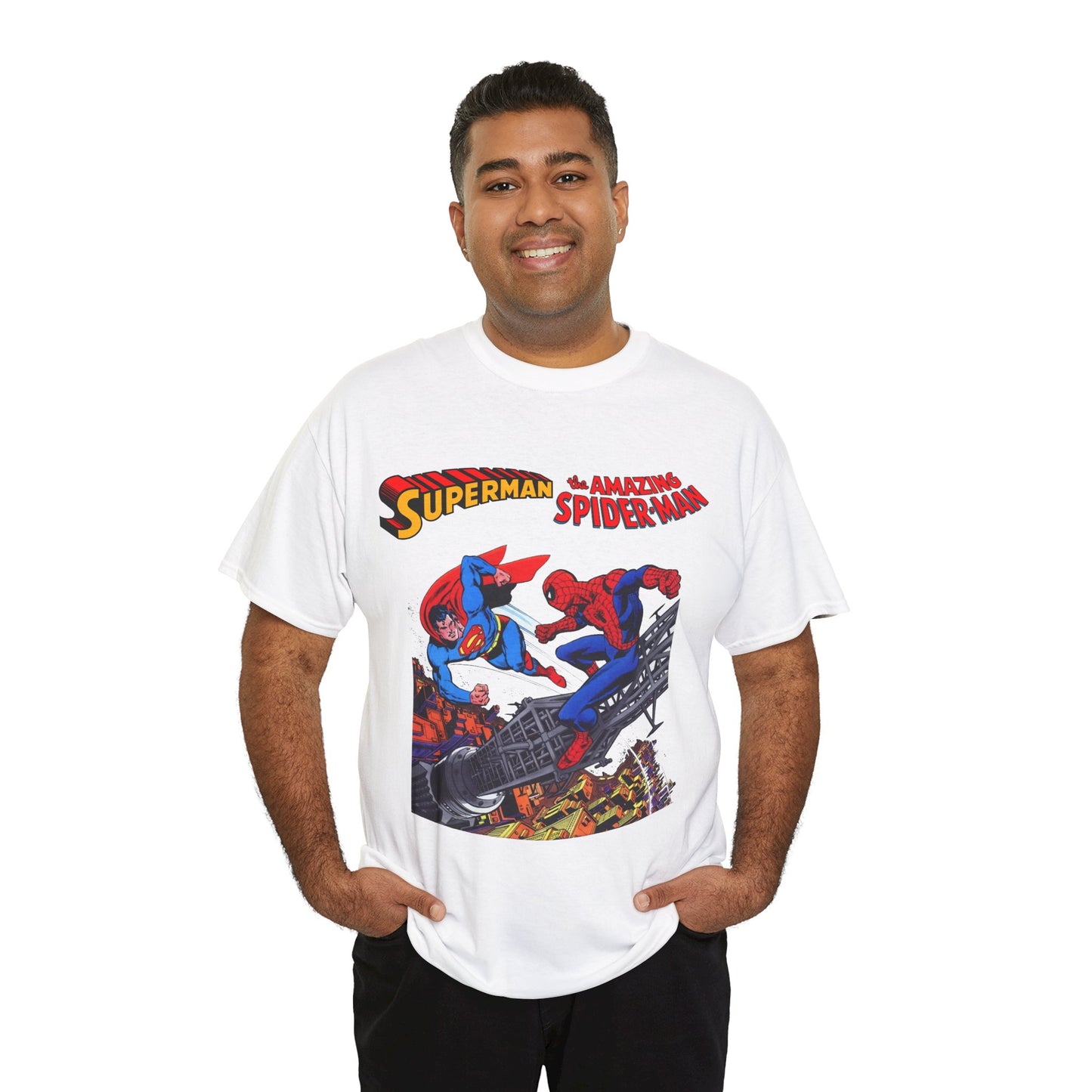 Superman & Amazing Spider-Man T-Shirt - DC/Marvel Comics Crossover - 1970s - Clark Kent & Peter Parker