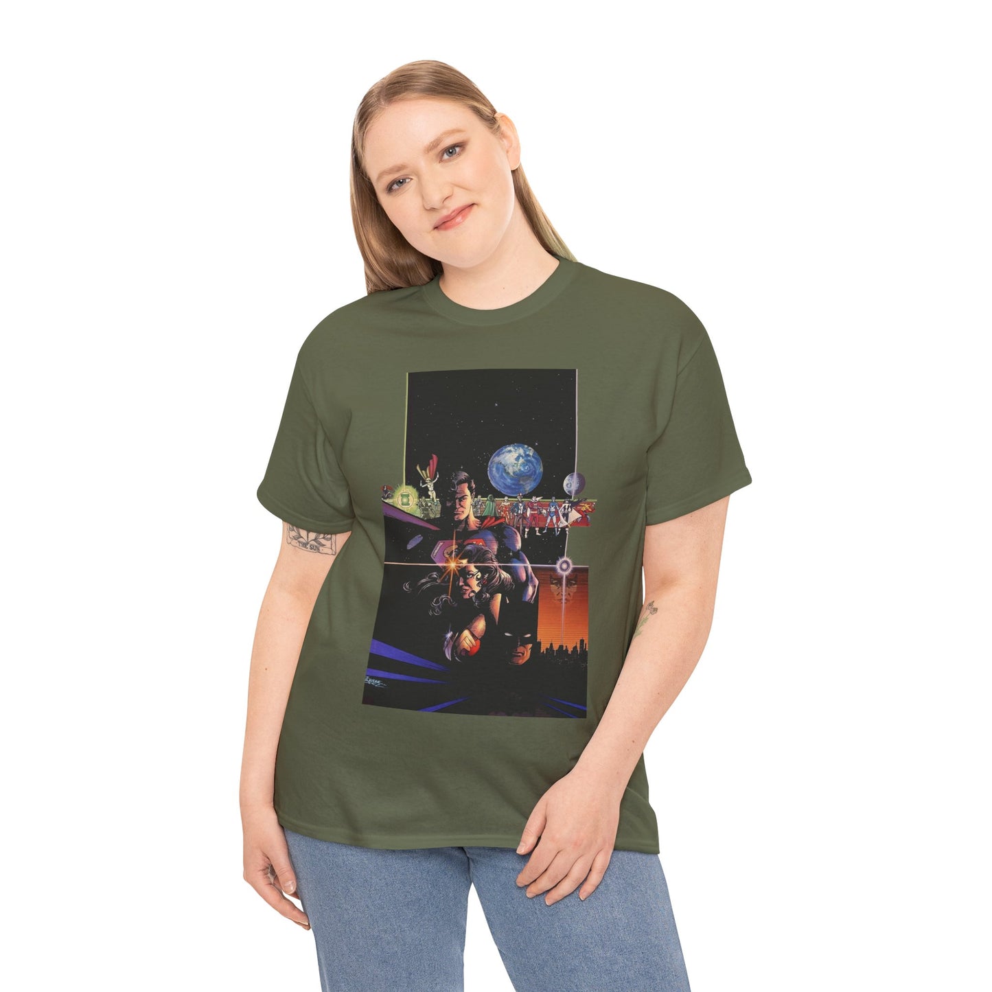 Crisis on Infinite Earths T-Shirt - George Perez Art - Superman, Batman, Wonder Woman, Captain Marvel, Blue Beetle, Kid Flash - Retro 1980s - DC Comics