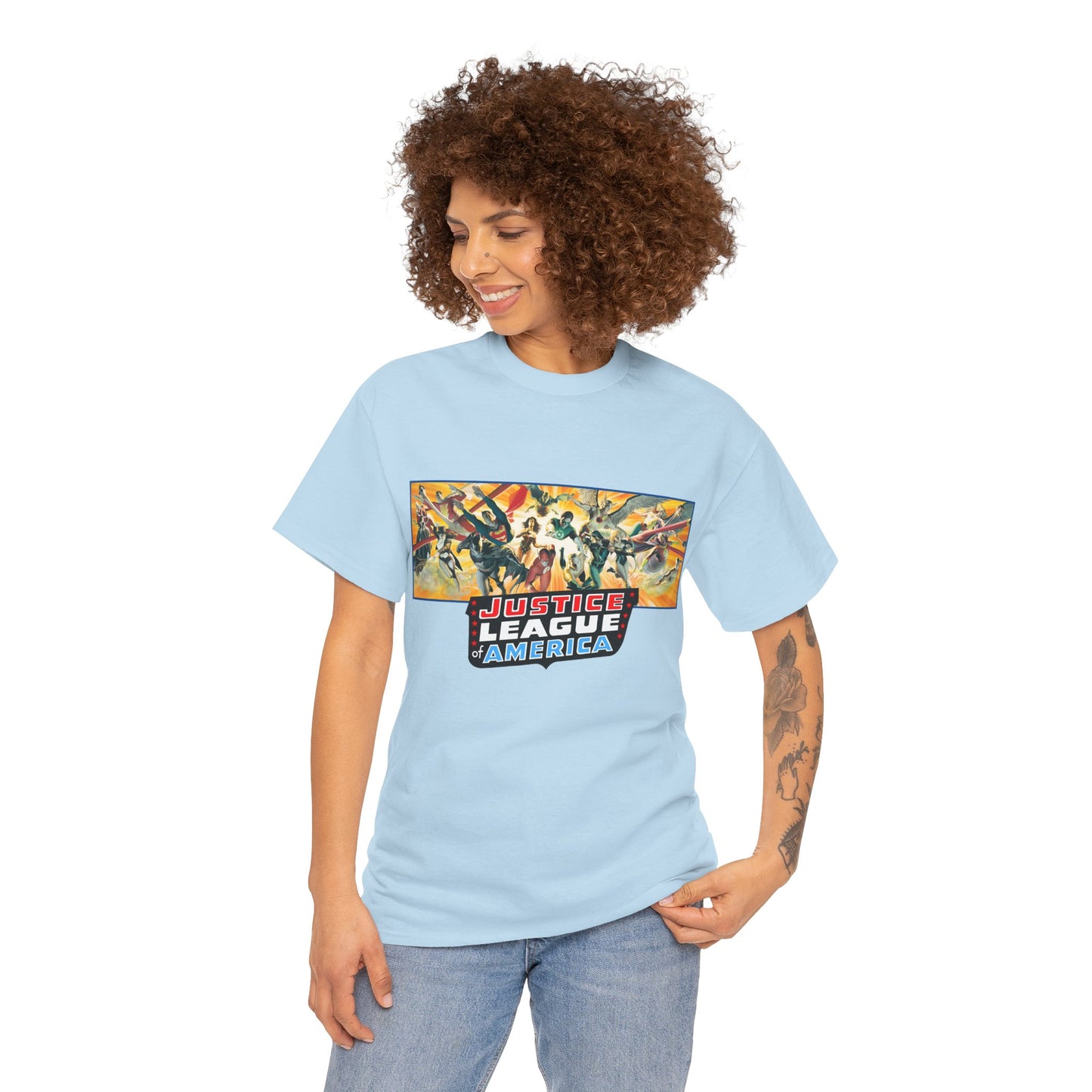 Justice League T-Shirt - Alex Ross Art - Superman, Batman, Wonder Woman, Black Canary, Hawkman, Green Lantern, Adam Strange, Plastic Man, Zatanna - DC Comics