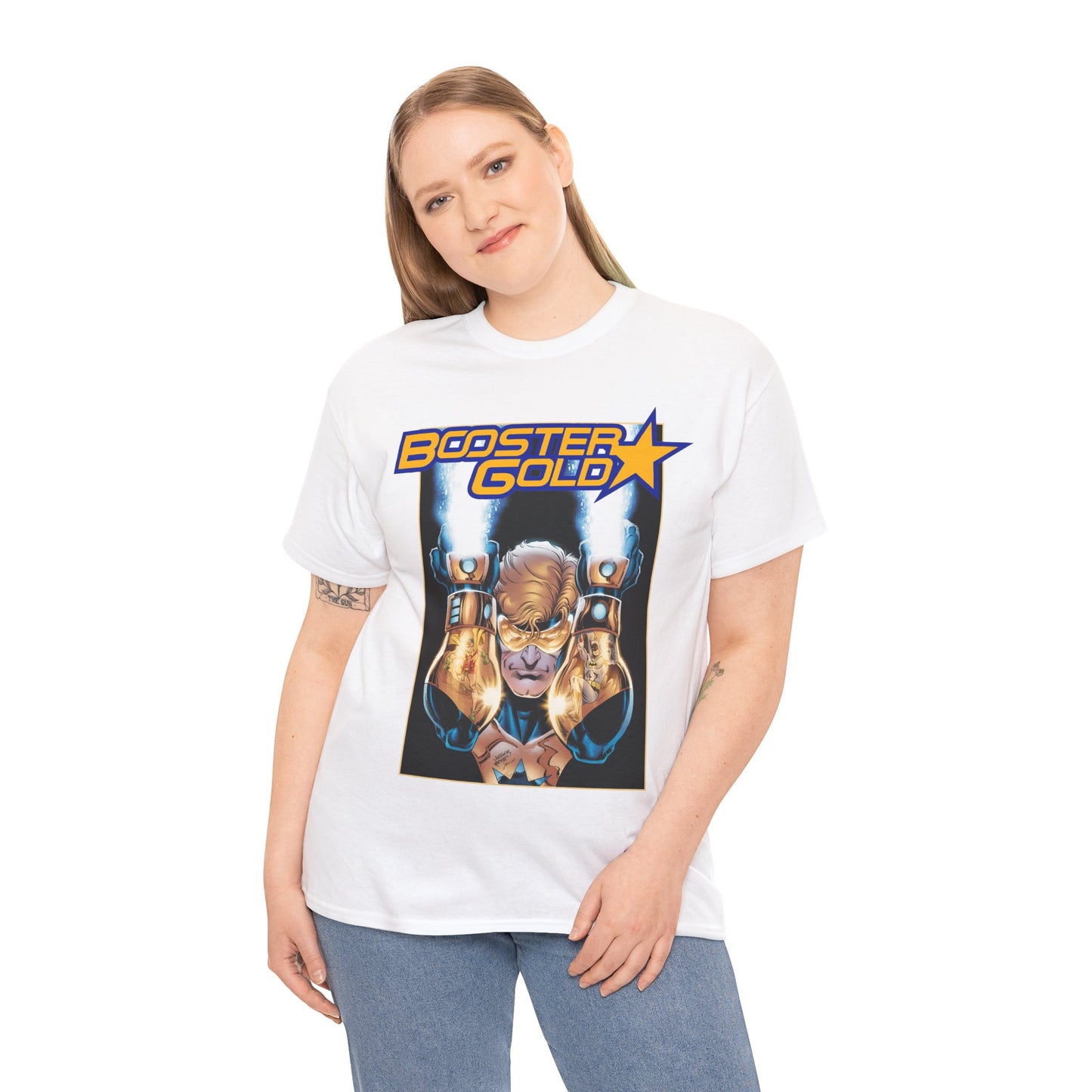 Booster Gold T-Shirt - Dan Jurgens Art - Batman & Robin in His Gauntlets - DC Comics