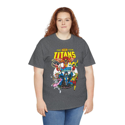 New Teen Titans T-Shirt - Classic George Perez Art - Cyborg, Raven, Starfire, Robin, Wonder Girl, Changeling, Kid Flash - Titans Tower - Popular DC Comics 1980s Series