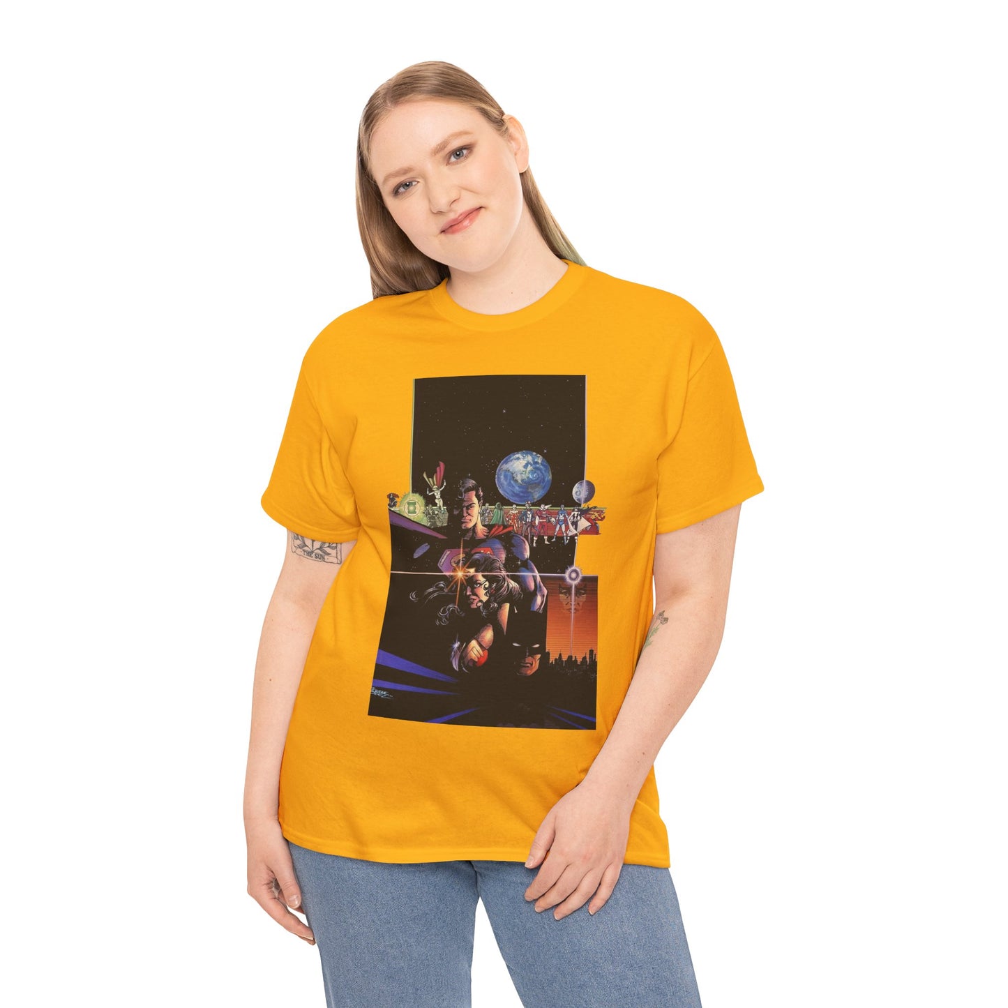 Crisis on Infinite Earths T-Shirt - George Perez Art - Superman, Batman, Wonder Woman, Captain Marvel, Blue Beetle, Kid Flash - Retro 1980s - DC Comics