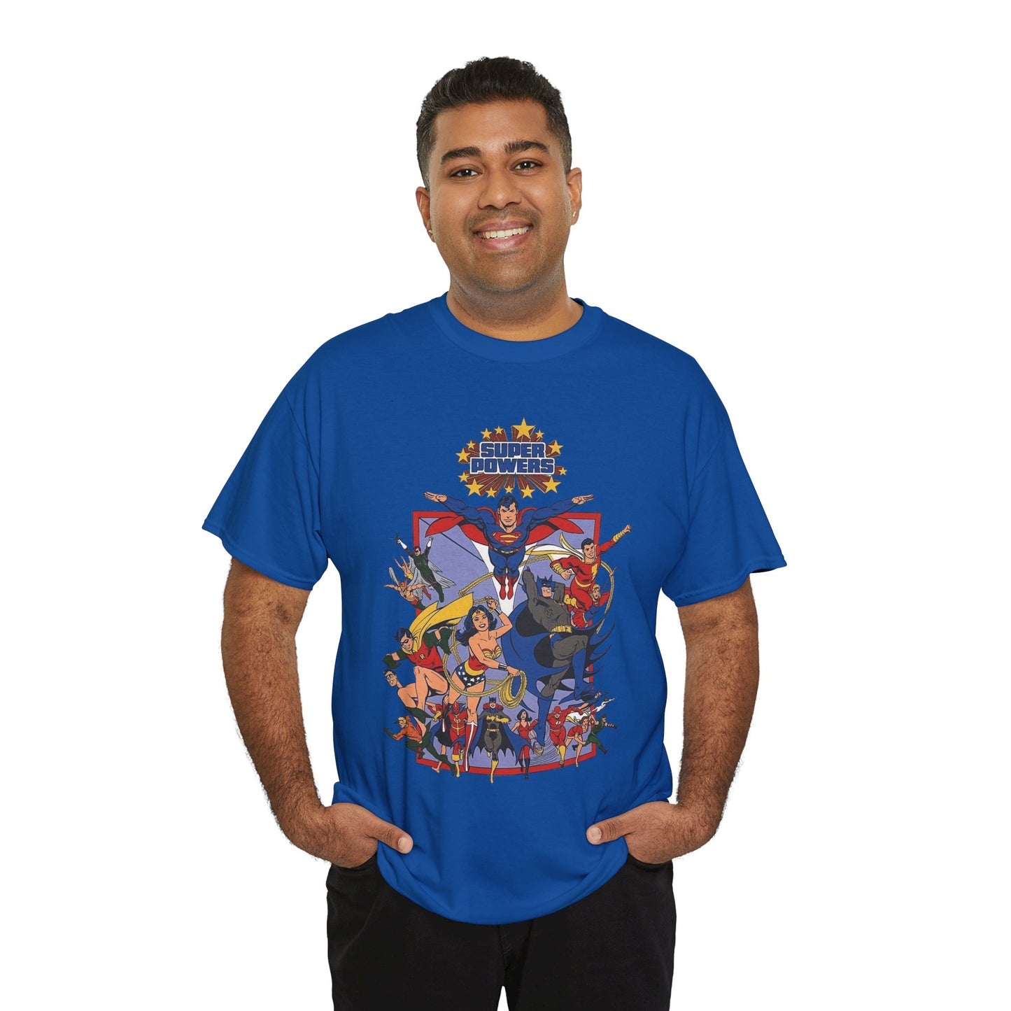 Super Powers T-Shirt - Superman, Flash, Wonder Woman, Batman, Batgirl, Robin, Plastic Man, Aquaman, Hawkman, Supergirl - 1980s Kenner Toy Line - Retro DC Comics