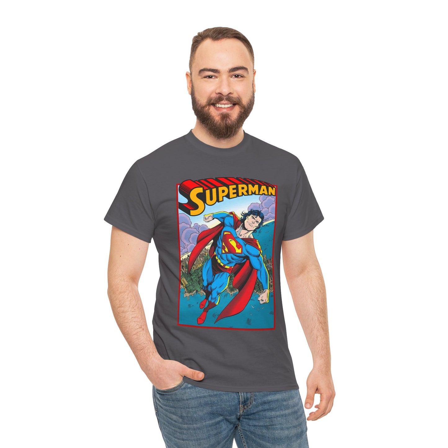Superman T-Shirt - Tom Grummett Art - DC Comics - Metropolis, Man of Steel Flying Through the Sky - Post-Reign of the Supermen Storyline Artwork