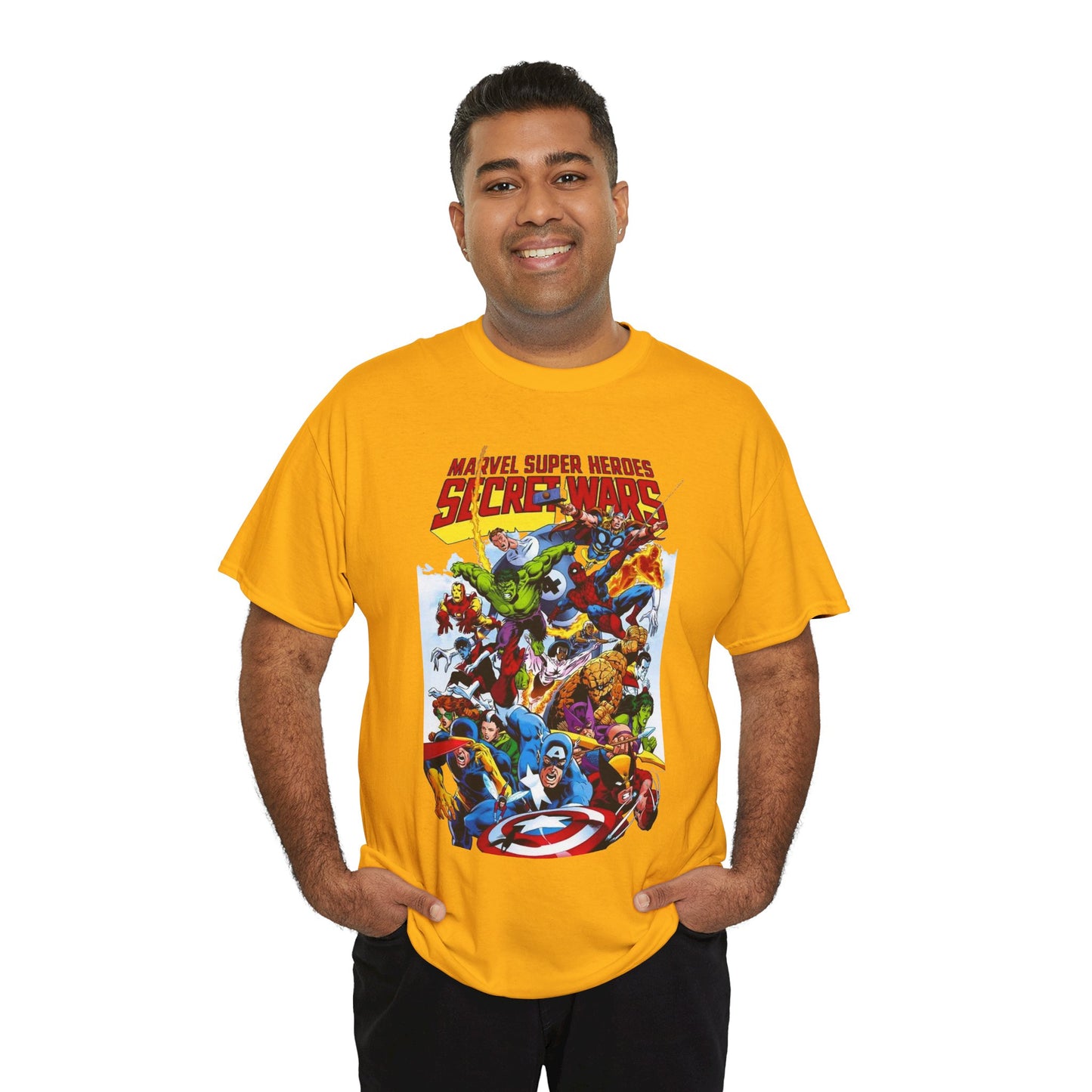 Secret Wars T-Shirt - Spider-man, Wolverine, Iron Man, Captain America, Cyclops, Rogue, Hulk, Mr Fantastic, The Thing - Classic Marvel Comics 1980s Series - The Beyonder