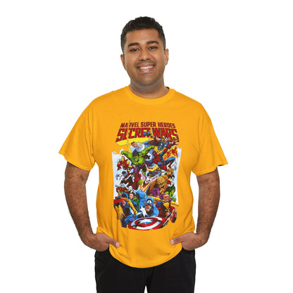 Secret Wars T-Shirt - Spider-man, Wolverine, Iron Man, Captain America, Cyclops, Rogue, Hulk, Mr Fantastic, The Thing - Classic Marvel Comics 1980s Series - The Beyonder