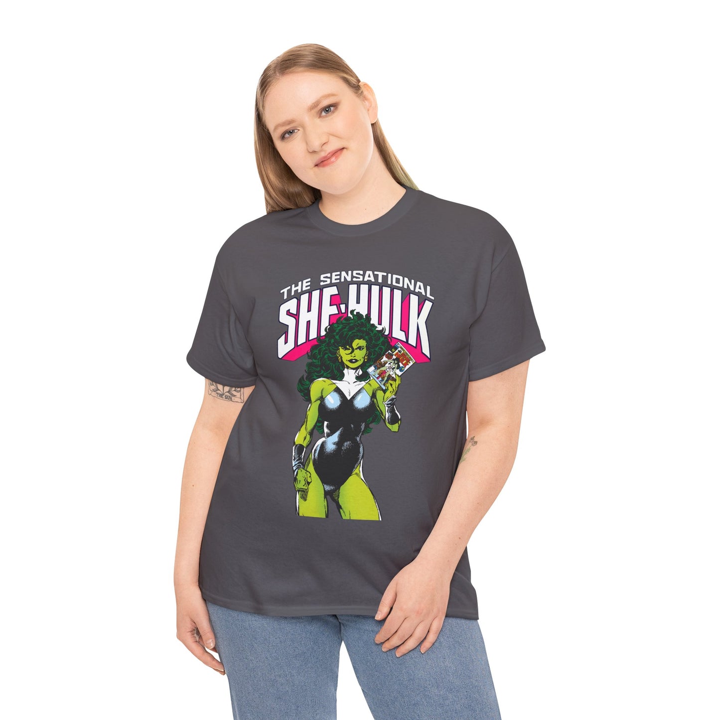 Sensational She-Hulk T-Shirt - Classic John Byrne Art - Jennifer Walters, Hulk's Cousin - Marvel Comics - Popular 1980s Series - "Rip Up Your X-Men!"