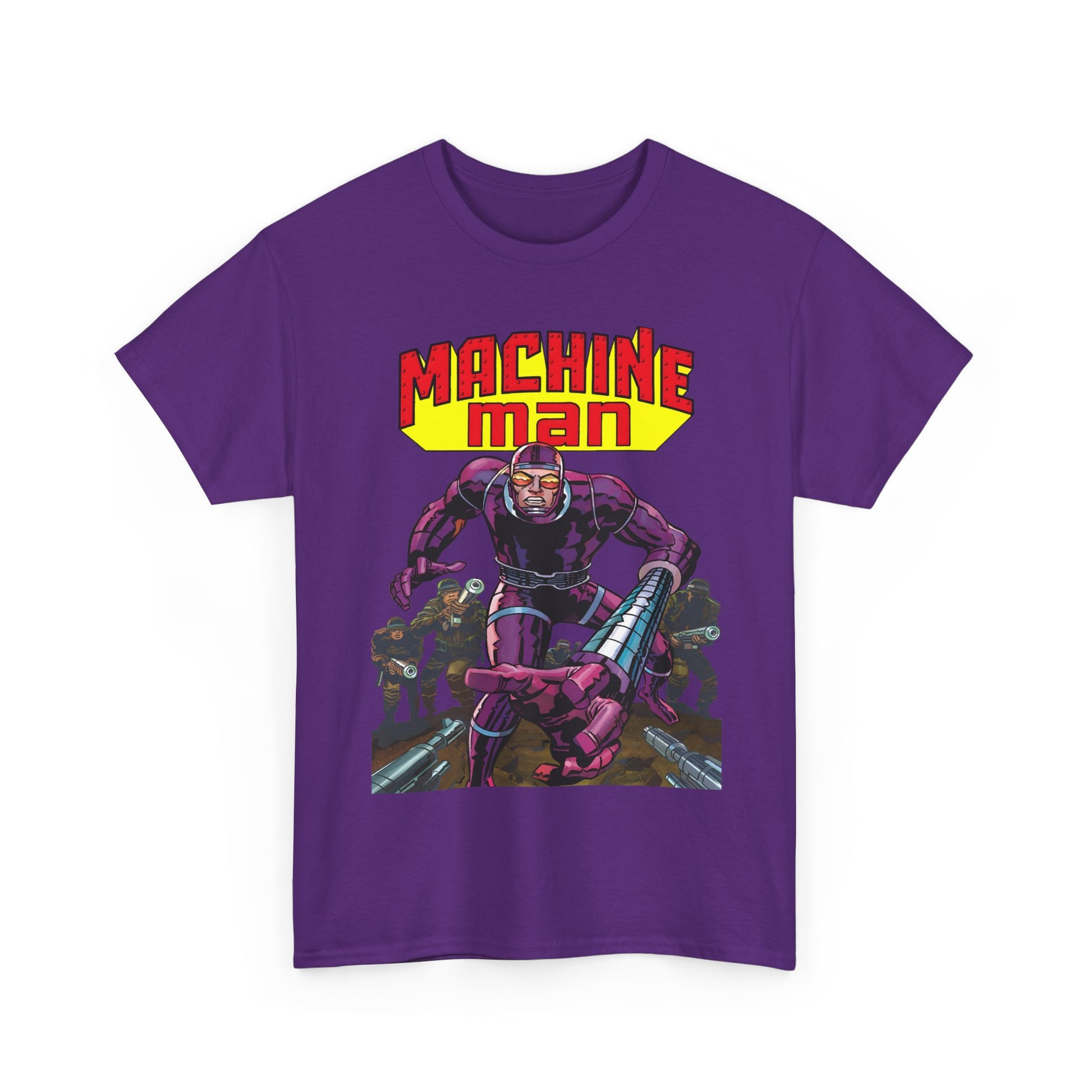 Purple t-shirt with 'Machine Man' graphic design on a white background