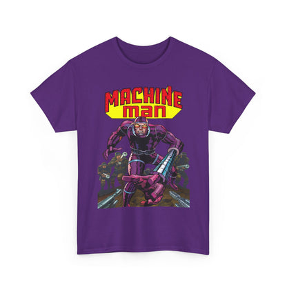 Purple t-shirt with 'Machine Man' graphic design on a white background