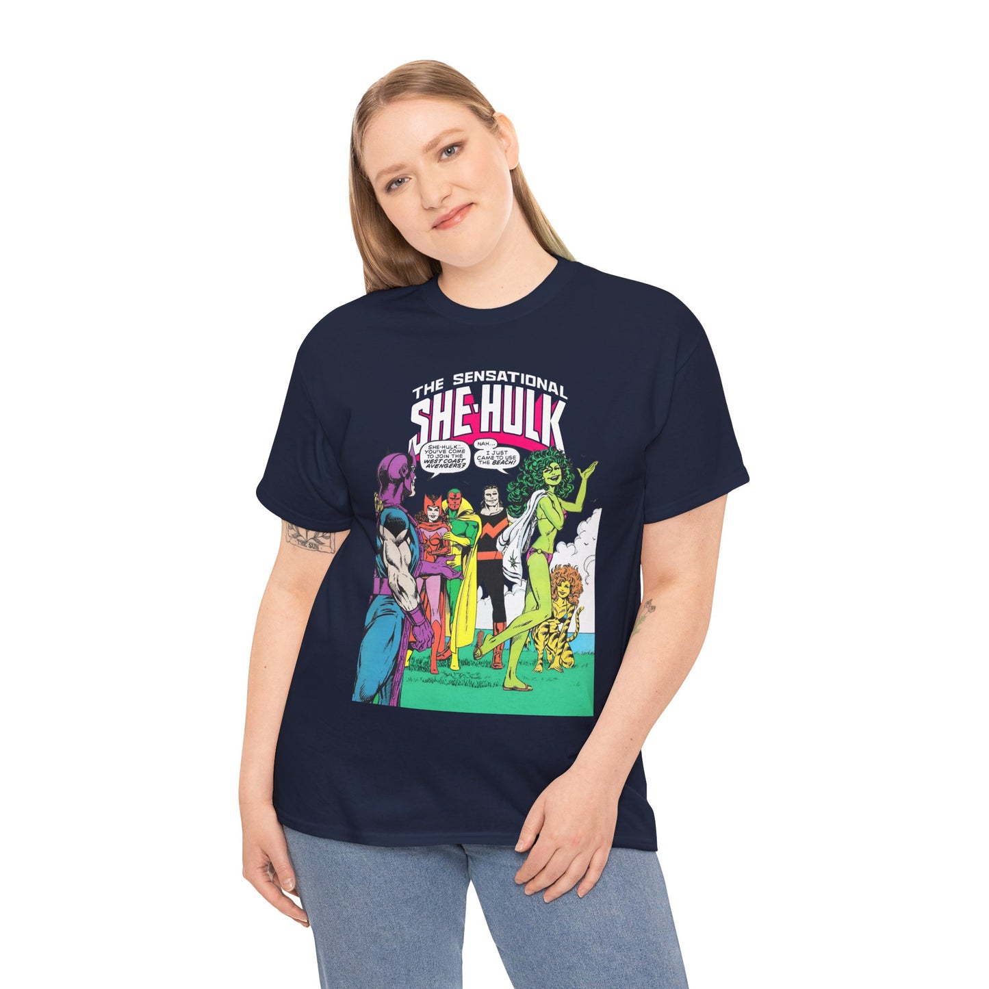 She-Hulk T-Shirt - John Byrne Art - West Coast Avengers Appearance - Hawkeye, Scarlet Witch, Wonder Man, Vision, Tigra - Marvel Comics
