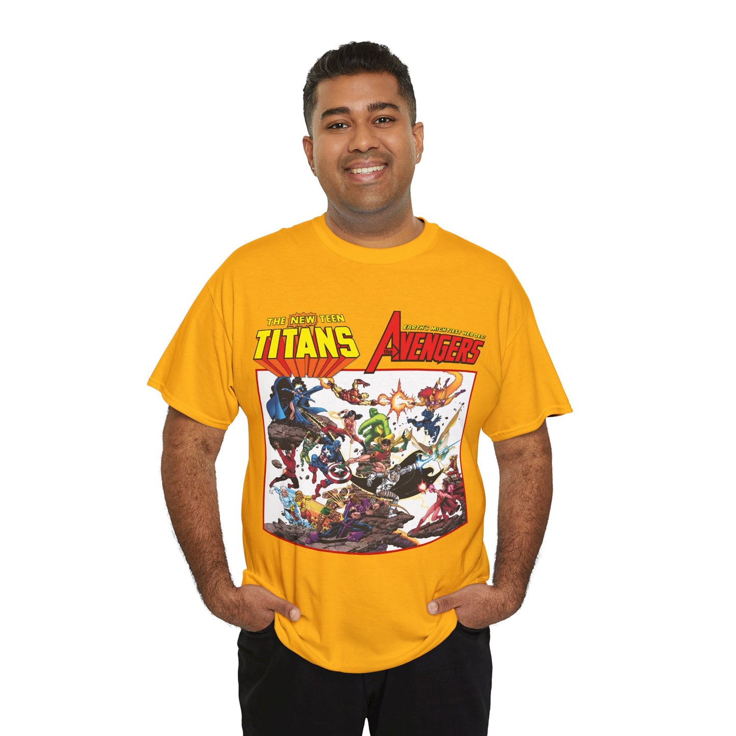 New Teen Titans Vs Avengers T-Shirt - George Perez Art - Hawkeye, Wonder Man, Raven, Starfire, Cyborg, Scarlet Witch, Wonder Girl - DC Comics & Marvel Comics