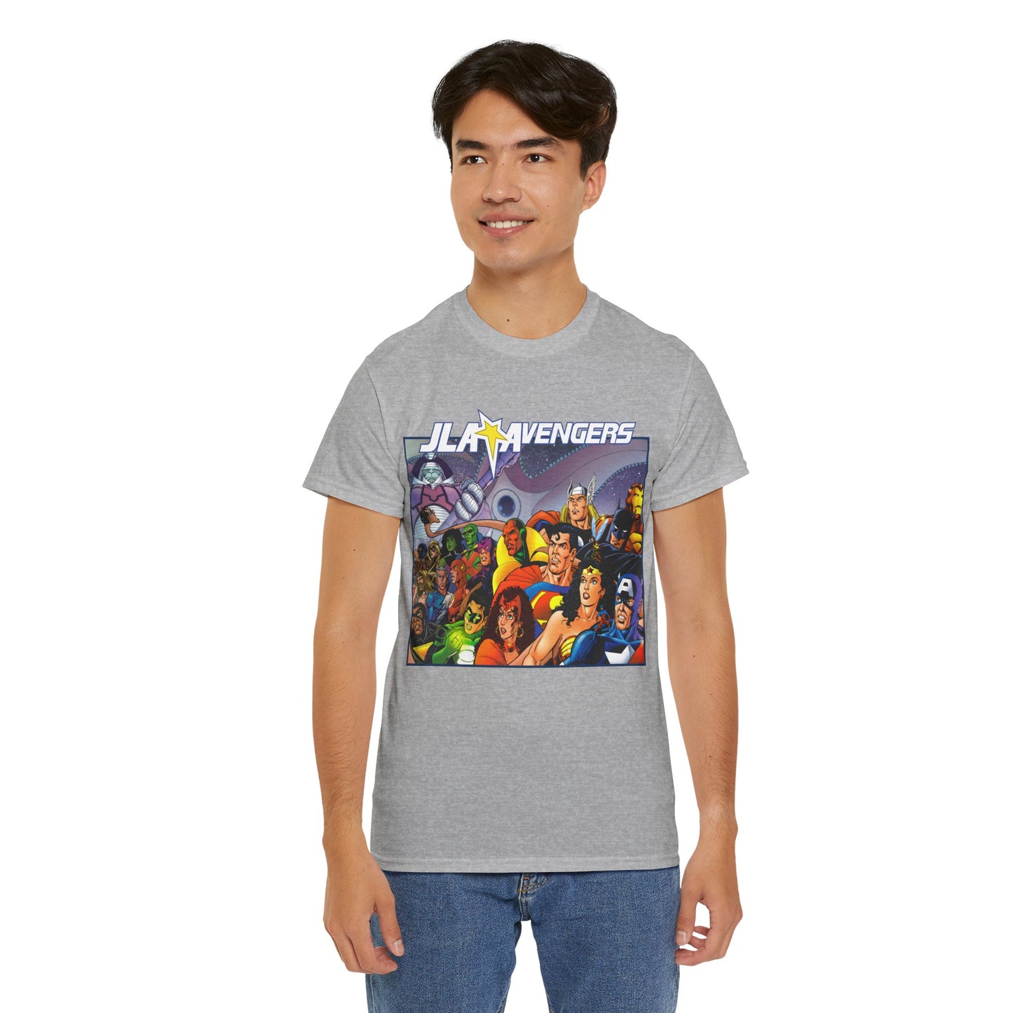 JLA/Avengers T-Shirt - George Perez Art - Wonder Woman, Scarlet Witch, Batman, Thor, Iron Man, Superman - DC Comics, Marvel Comics
