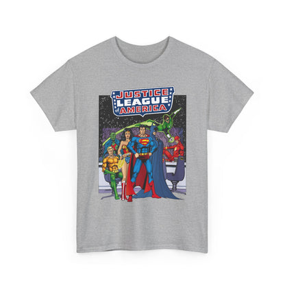 Justice League T-Shirt - George Perez Art - JLA Satellite Era - Superman, Wonder Woman, Green Lantern, Batman, Flash, Aquaman, Martian Manhunter - DC Comics
