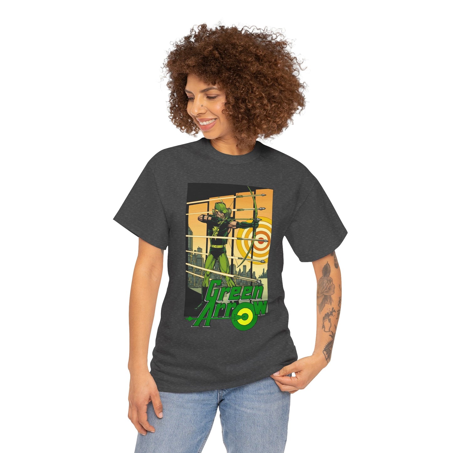 Green Arrow T-Shirt - George Perez Art - 1980s Justice League Postcard Art - JLA - DC Comics