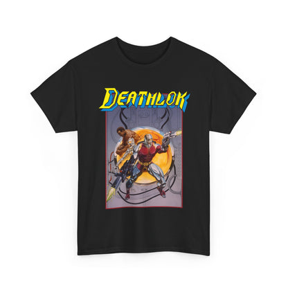 Black t-shirt with 'Deathlok' graphic design featuring two characters on a white background