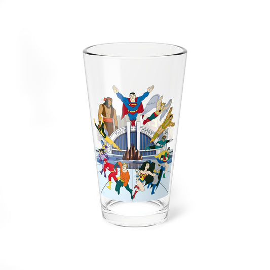 Challenge of the Super Friends Pint Glass, 16oz - Superman, Wonder Woman, Samurai, Apache Chief, Flash, Black Vulcan, Green Lantern - DC Comics, Hanna-Barbera Cartoon