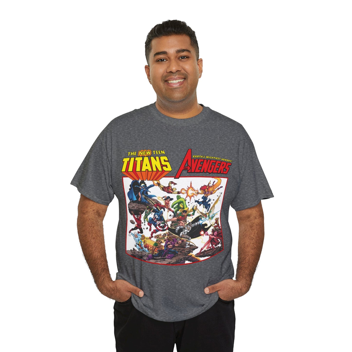 New Teen Titans Vs Avengers T-Shirt - George Perez Art - Hawkeye, Wonder Man, Raven, Starfire, Cyborg, Scarlet Witch, Wonder Girl - DC Comics & Marvel Comics