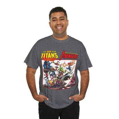 New Teen Titans Vs Avengers T-Shirt - George Perez Art - Hawkeye, Wonder Man, Raven, Starfire, Cyborg, Scarlet Witch, Wonder Girl - DC Comics & Marvel Comics