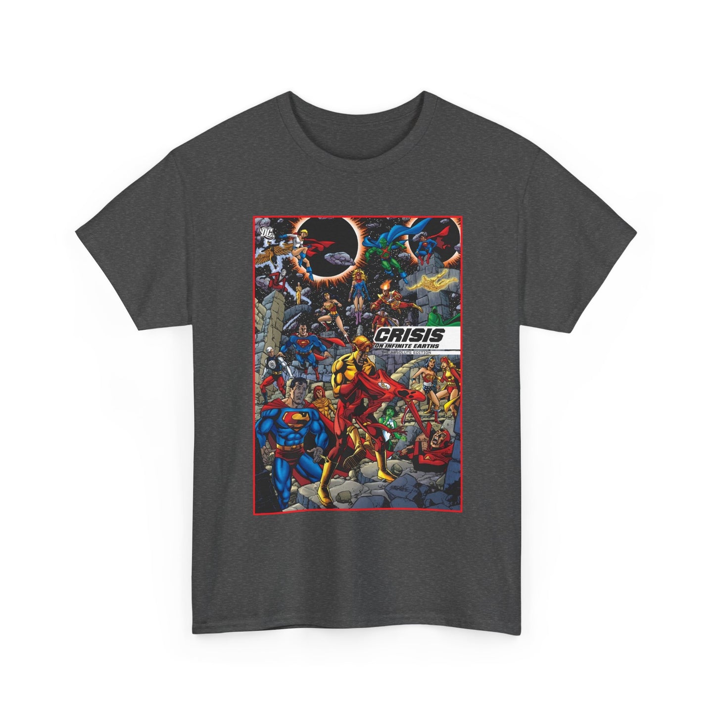 Dark gray t-shirt with superhero graphic design on a white background. Crisis on Infinite Earths