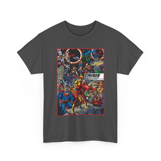 Dark gray t-shirt with superhero graphic design on a white background. Crisis on Infinite Earths