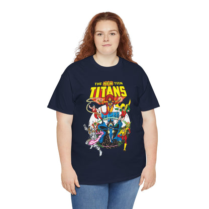 New Teen Titans T-Shirt - Classic George Perez Art - Cyborg, Raven, Starfire, Robin, Wonder Girl, Changeling, Kid Flash - Titans Tower - Popular DC Comics 1980s Series
