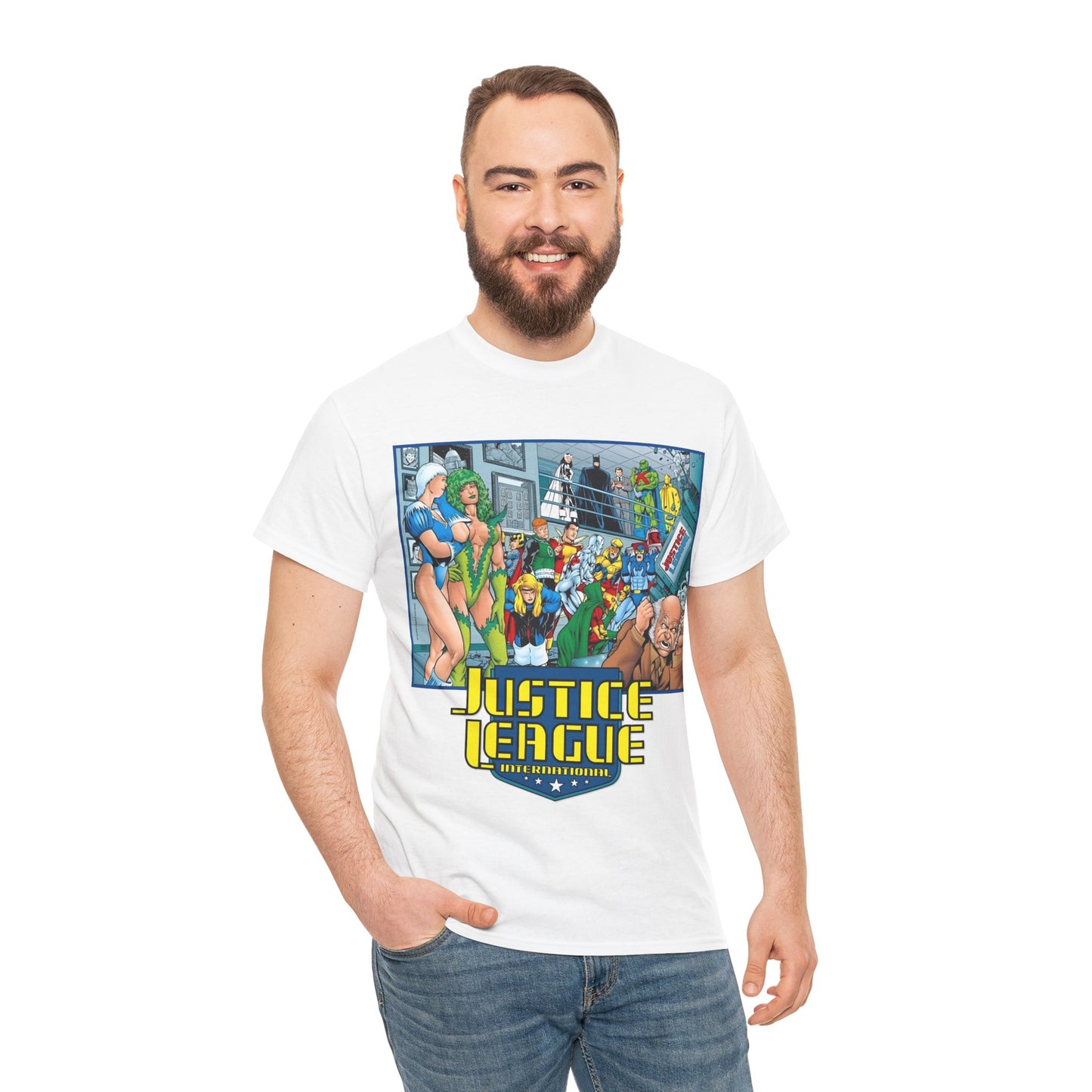 Justice League International T-Shirt - Kevin Maguire Art - Blue Beetle, Booster Gold, Martian Manhunter, Captain Atom, Batman, Fire, Ice - DC Comics - JLI