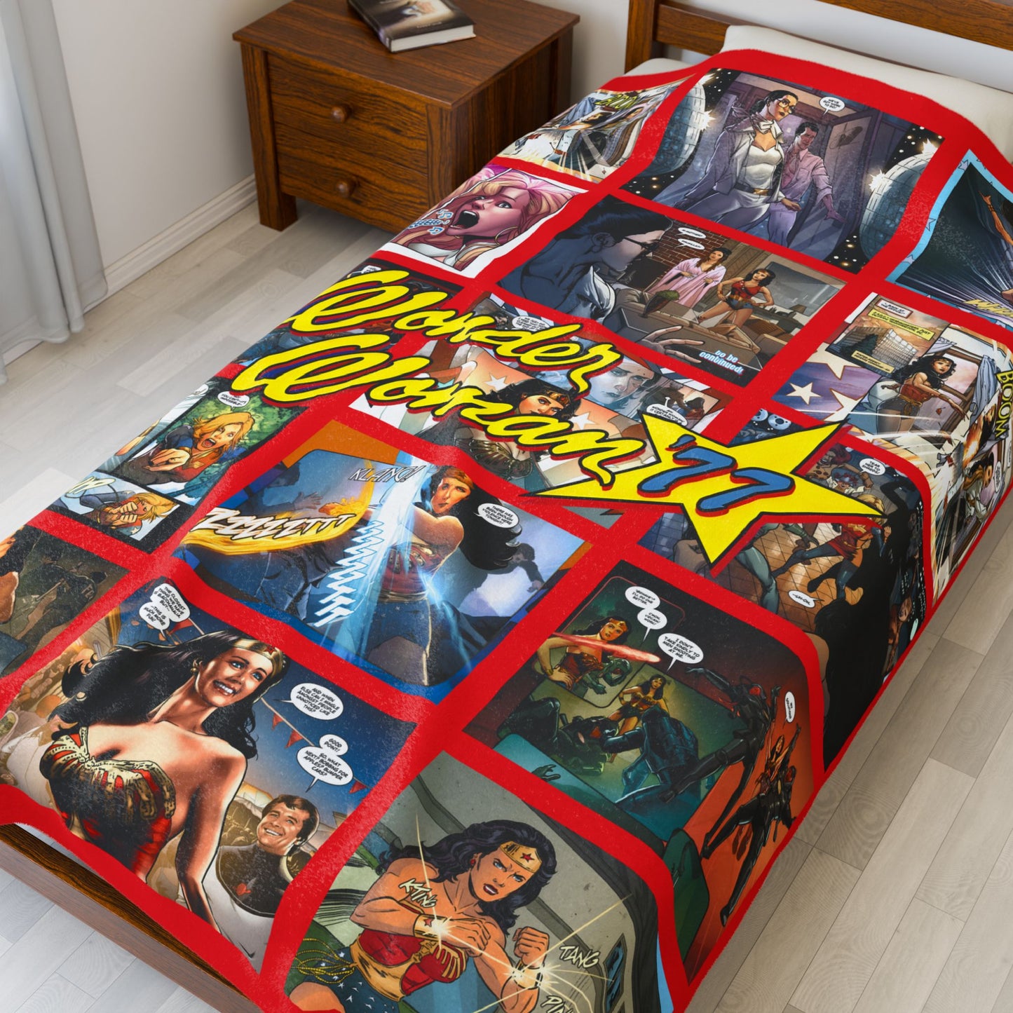 Bedspread with Wonder Woman comic book style design on a bed in a room.
