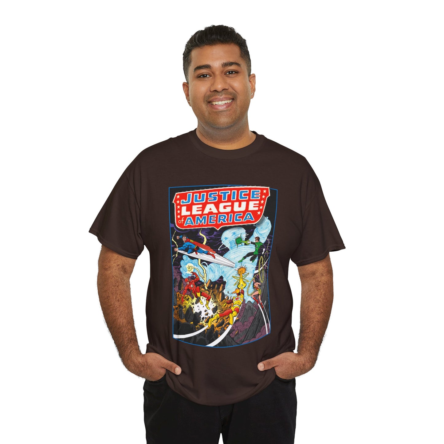 Justice League T-Shirt - George Perez Art - Tornado Tyrant - Superman, Firestorm, Flash, Wonder Woman, Green Lantern - DC Comics