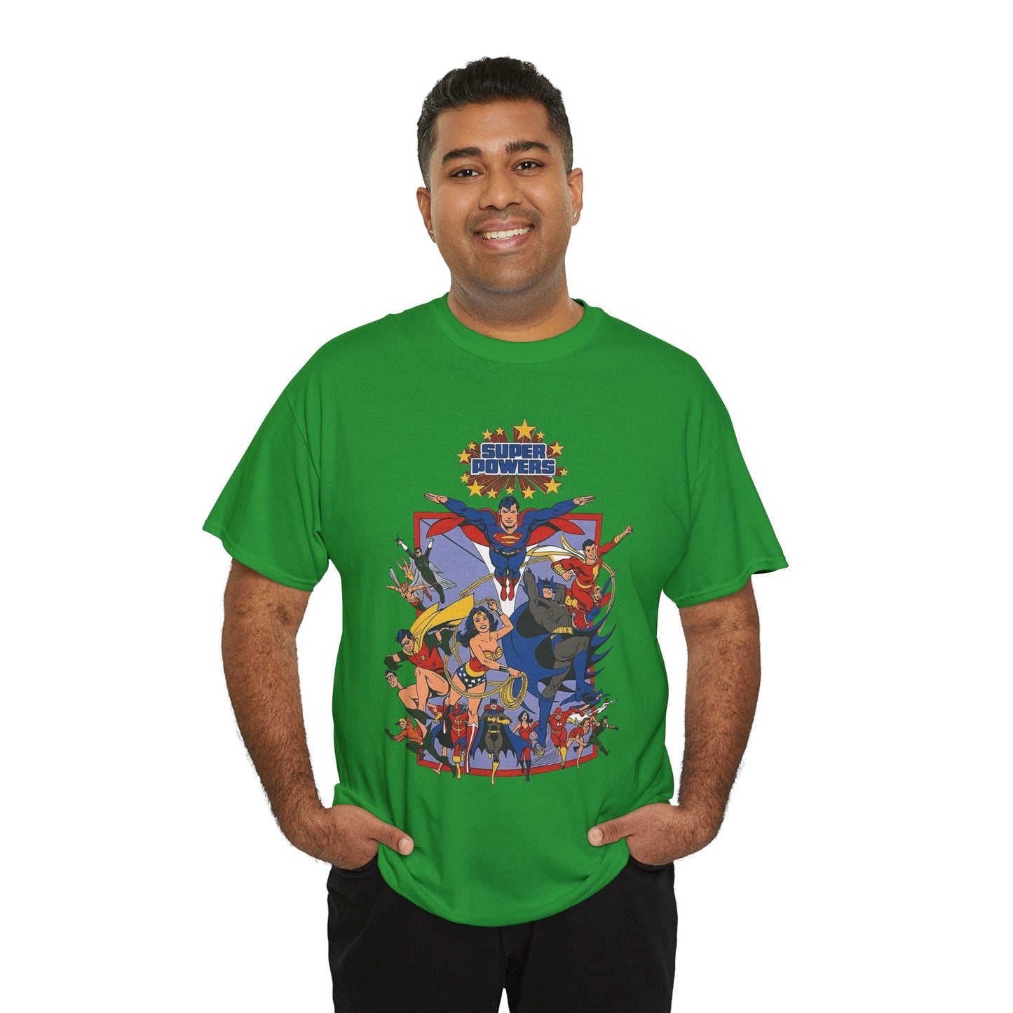Super Powers T-Shirt - Superman, Flash, Wonder Woman, Batman, Batgirl, Robin, Plastic Man, Aquaman, Hawkman, Supergirl - 1980s Kenner Toy Line - Retro DC Comics