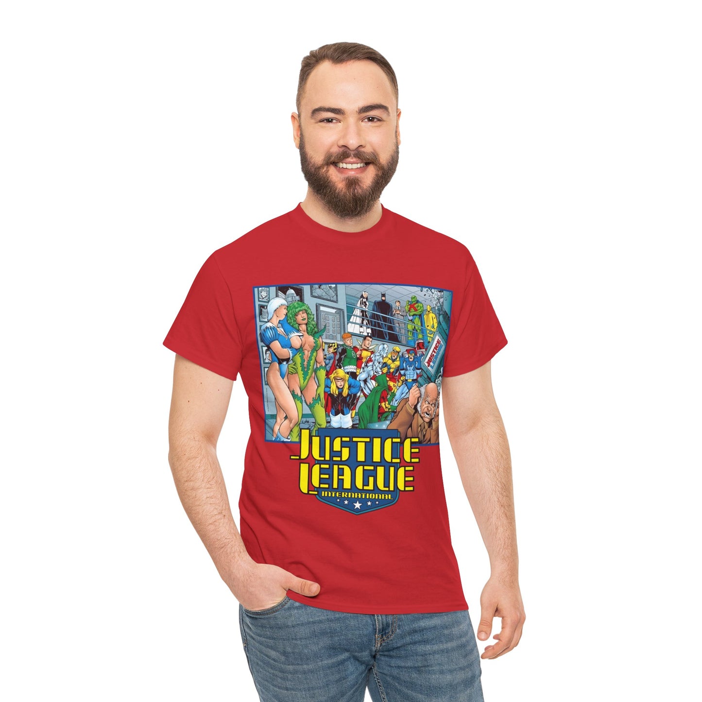 Justice League International T-Shirt - Kevin Maguire Art - Blue Beetle, Booster Gold, Martian Manhunter, Captain Atom, Batman, Fire, Ice - DC Comics - JLI